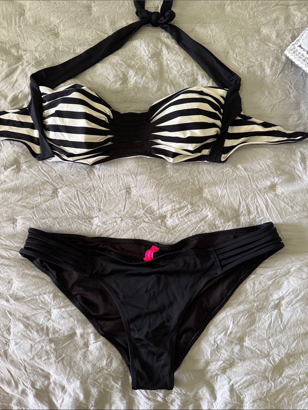 Black & White Striped Halter Bikini Set - Women's Two-Piece Swim